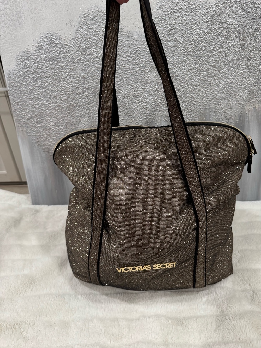 Victoria Secret Gold Glitter Duffel Bag 18x16